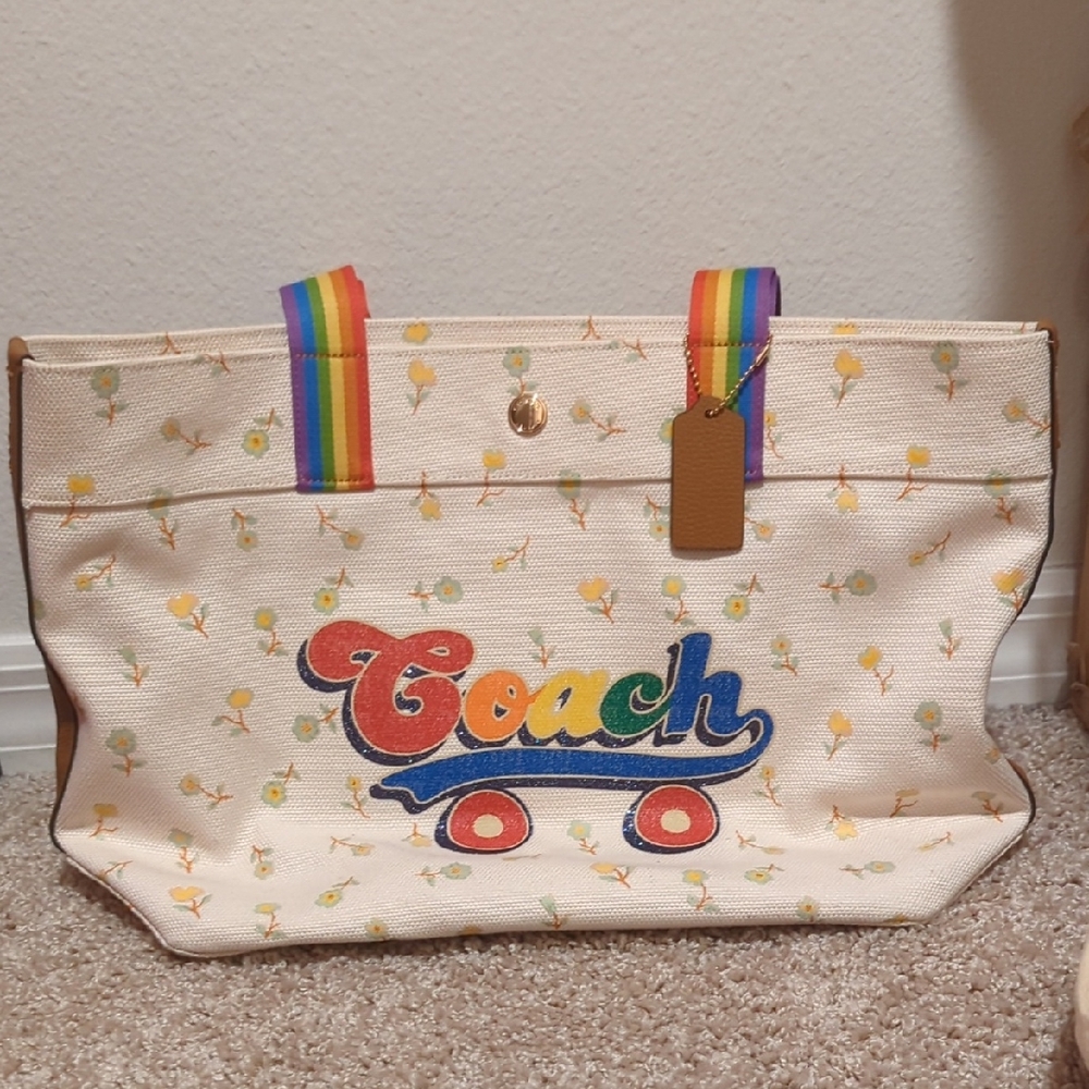 Coach Cream Tote with Rainbow Handles